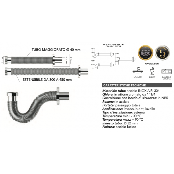 Sifone Flessibile in acciaio inox Da 11/4″ Uscita 32 - immagine 2