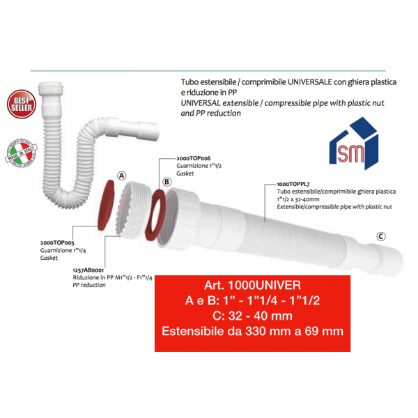 Sifone Universale Estensibile da 1"" - 11/4"" - 11/2"" Uscita 32/40