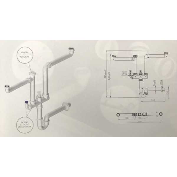 Sifone Salvaspazio a 2 Vie / Vasche 11/2" X 40 con Valvola e Attacco Lavastoviglie - Lb Plast - immagine 2