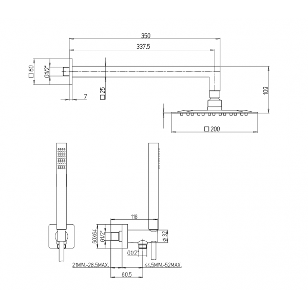 Kit Doccia Incasso Con Soffione 20 cm Quadro Inox, Braccio e Doccetta - JACUZZI - immagine 2