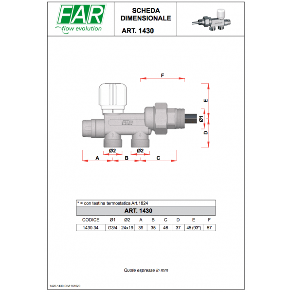 1430 Valvola bitubo termostatizzabile con attacco 3/4 m e sonda 12 mm - FAR - immagine 2