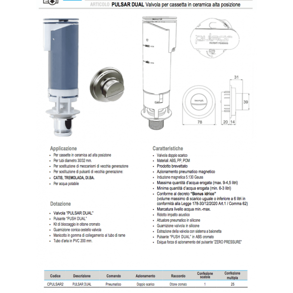 Valvola a doppio scarico per cassetta alta in ceramica con pulsante mod. Pulsar Dual - Bampi - immagine 2