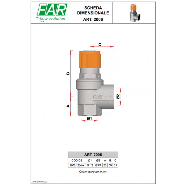 2006 Valvola di sicurezza Solar per impianti solari 1/2F x 3/4F pressione taratura 6 bar - FAR - immagine 2