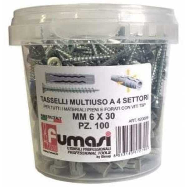 BARATTOLO TASSELLI CON VITI MULTIUSO Pezzi 100 + 100 mm 6 x 30 - Fumasi
