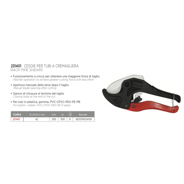 Tagliatubo Cesoia Cremagliera Lama Inox 0-42 mm per Tubo Multistrato Plastica  - Fumasi - immagine 2