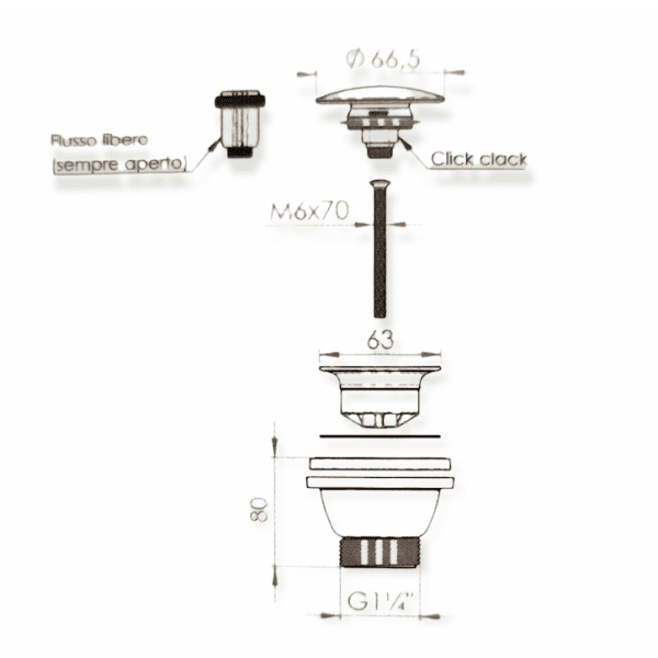 Piletta Scarico Click Clack bianco 11/4" UNIVERSALE per Lavabo e Bidet - immagine 2