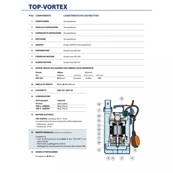 Elettropompa Sommersa Top 2 Vortex HP0.50 per acque sporche con galleggiante - Pedrollo - immagine 3