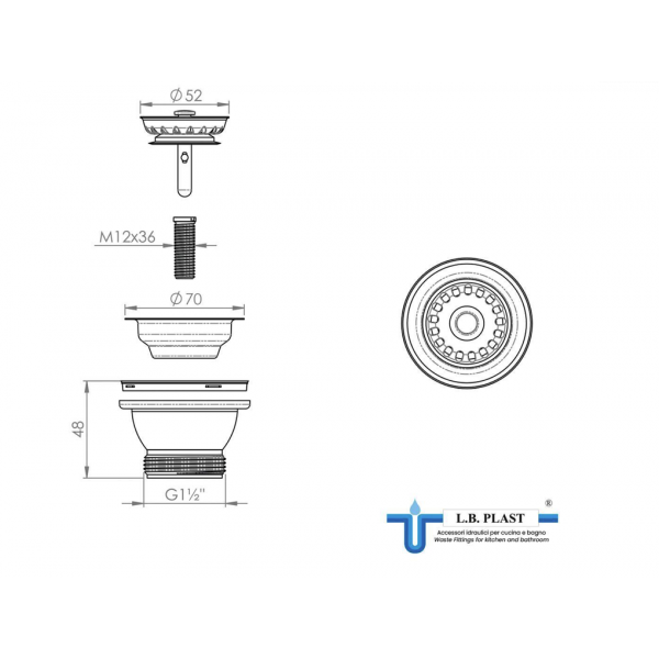 Piletta Basket Inox Foro da 70 - per Lavello Cucina D. 11/2" con Cestello - Lb Plast - immagine 2