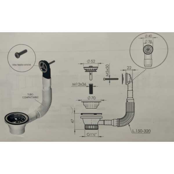 Piletta Basket con Troppo Pieno tondo da 70 - per Lavello Cucina con Cestello - Lb Plast - immagine 2