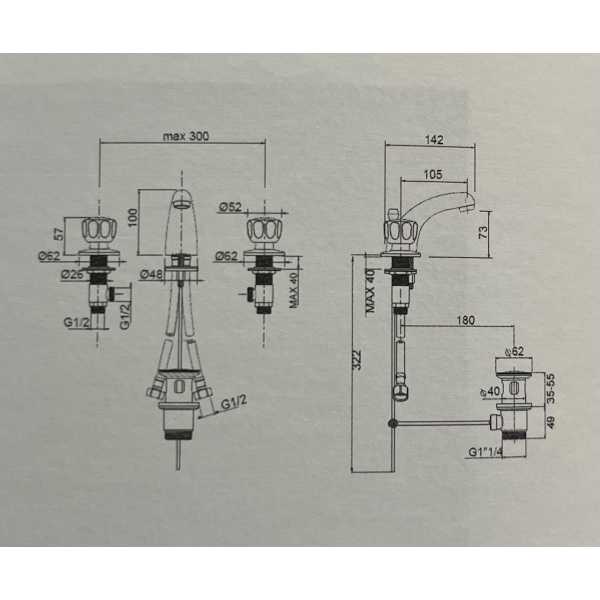 Batteria Lavabo a tre fori mod. esa con piletta - OIOLI RUBINETTERIE - immagine 2