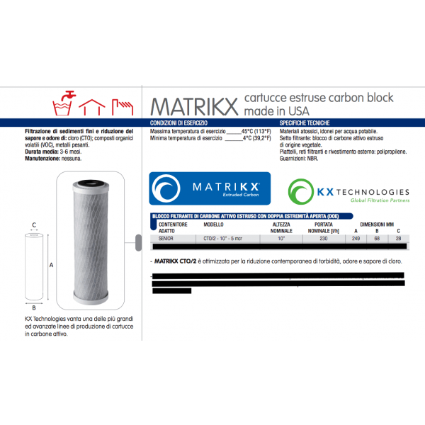 CARTUCCIA CARBON BLOCK MATRIKX CTO/2 10" 5 MICRON - immagine 2