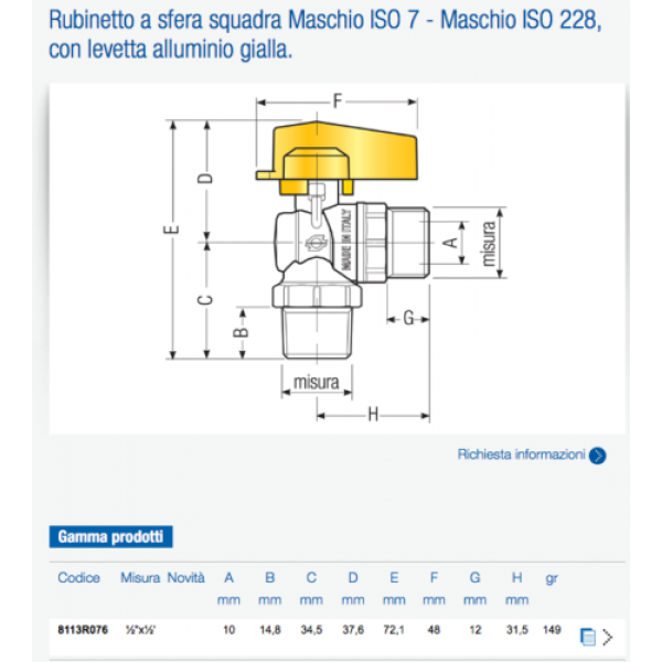Rubinetto a sfera per gas a squadra MM 1/2 - FIV - immagine 2