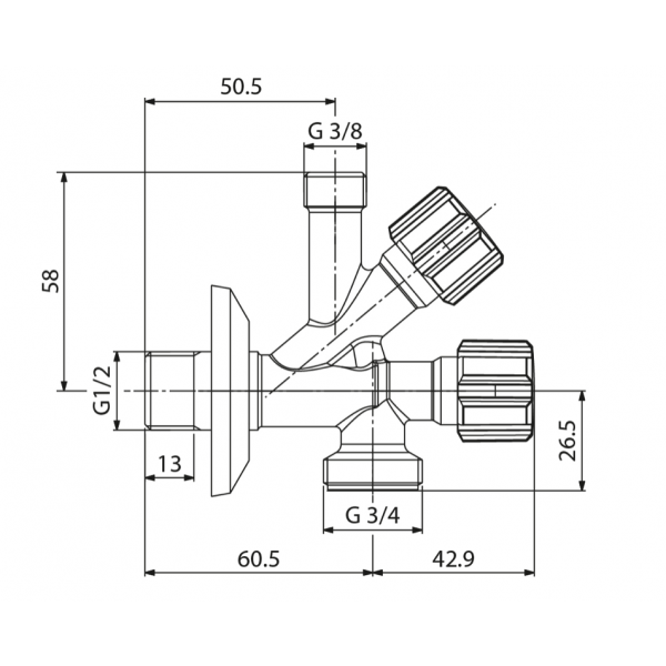 Rubinetto Lavatrice Combinato Sottolavabo 1/2 X 3/4 x 3/8  - Albertoni - immagine 2