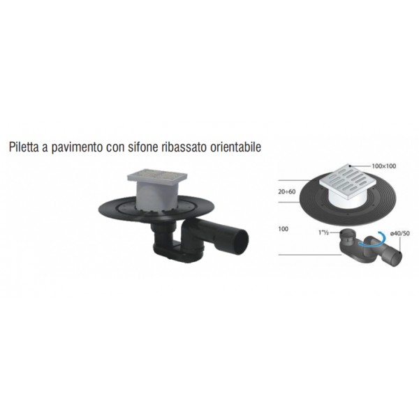 Piletta a pavimento con sifone ribassato e griglia inox 10x10 - BAMPI