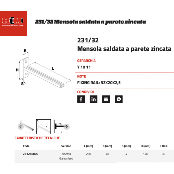 Mensola a parete saldata 280 x 120 Zincata - RACCORDERIE METALLICHE - immagine 2