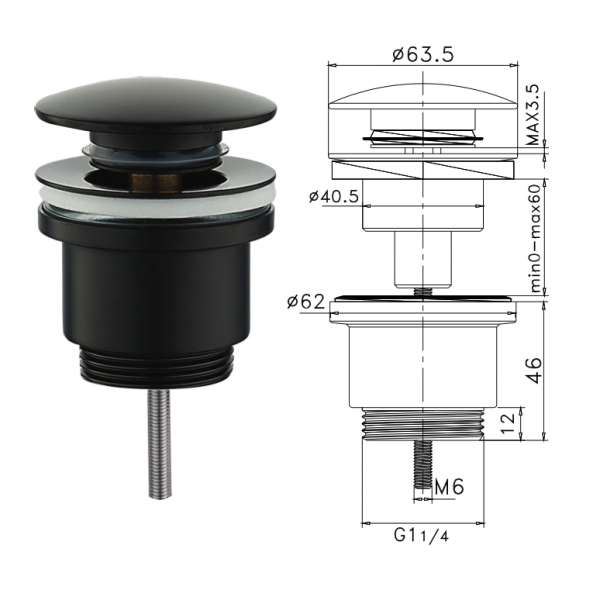 Piletta nera Click Clack 11/4" Universale in Ottone NERO OPACO per Lavabo Bidet - immagine 2