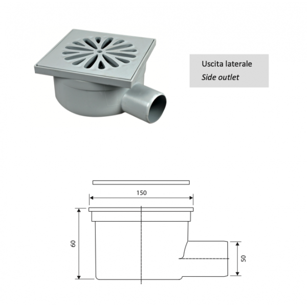 Chiusino Sifonato 150 x 150 mm Uscita laterale da 50 - immagine 2