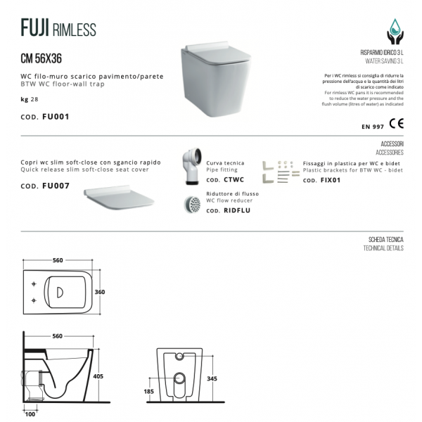 Coppia sanitari Althea serie Fuji Rimless filo muro, Vaso + Bidet - immagine 2