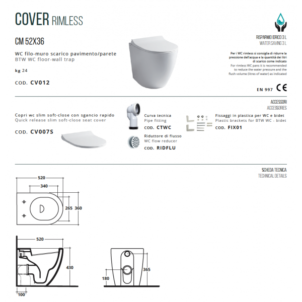 Coppia sanitari Althea serie Cover Rimless filo muro, Vaso + Bidet - immagine 3
