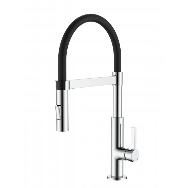 Miscelatore Lavello Cucina alto con canna in silicone nero completo di doccetta e flessibili