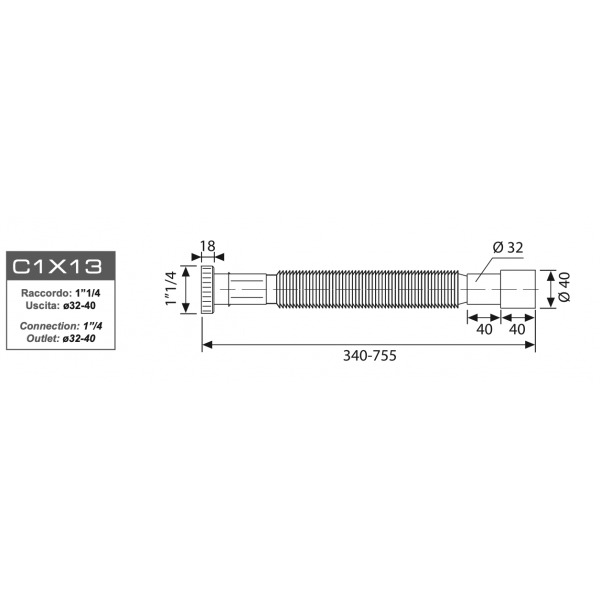 Tubo Sifone Flessibile Estensibile cromato da 11/4" Uscita 32/40 - immagine 2