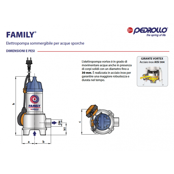 Elettropompa Sommersa per Acque Sporche Vortex Hp 0,70 FAMILY - Pedrollo - immagine 2