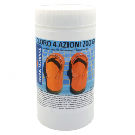 Cloro 4 azioni per trattamento acqua piscina. In pastiglie da 200gr. barattolo da 1 Kg