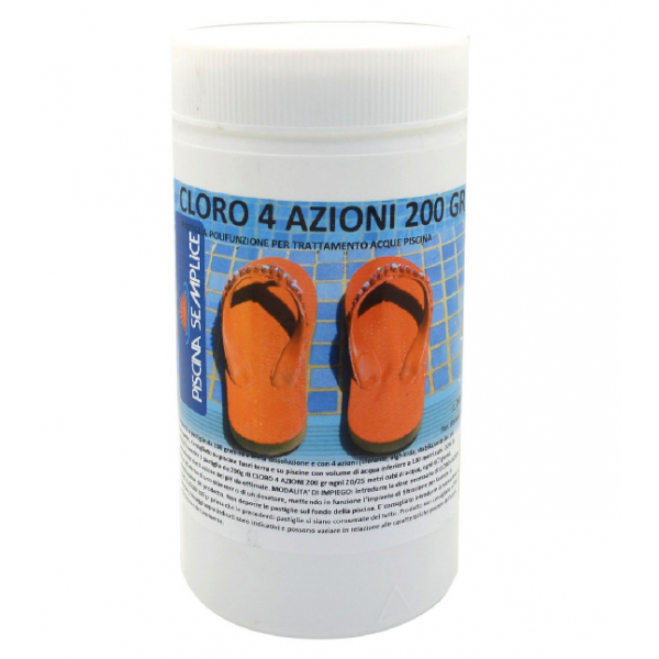 Cloro 4 azioni per trattamento acqua piscina. In pastiglie da 200gr. barattolo da 1 Kg