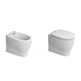 Coppia sanitari Ceramica Dolomite serie Demy Rimless filo muro, Vaso traslato + Bidet + sedile