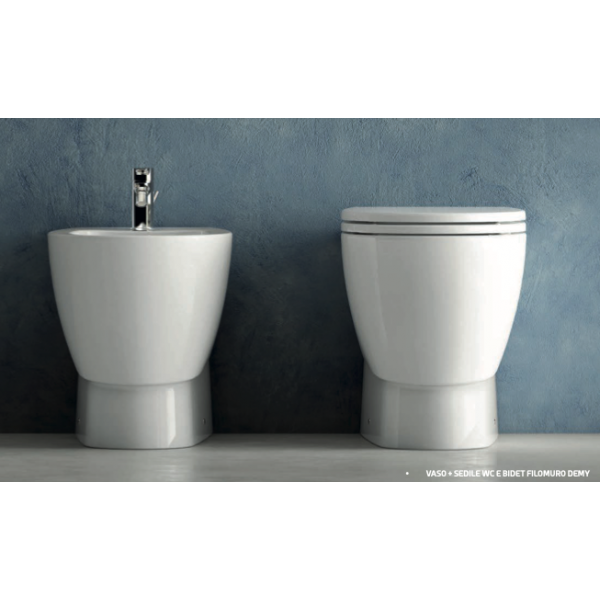 Coppia sanitari Ceramica Dolomite serie Demy Rimless filo muro, Vaso traslato + Bidet + sedile - immagine 2